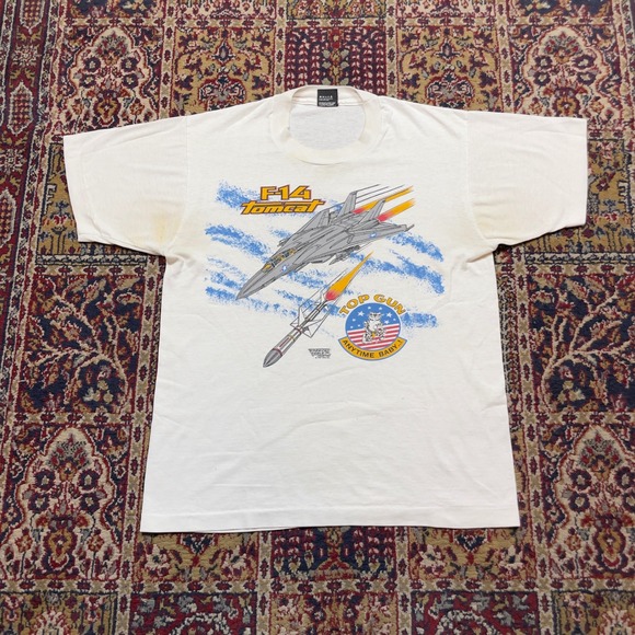 Screen Stars Best Other - VTG Rare 1987 F-14 Tomcat Top Gun T Shirt Mens Large White Single Stitch 80s USA